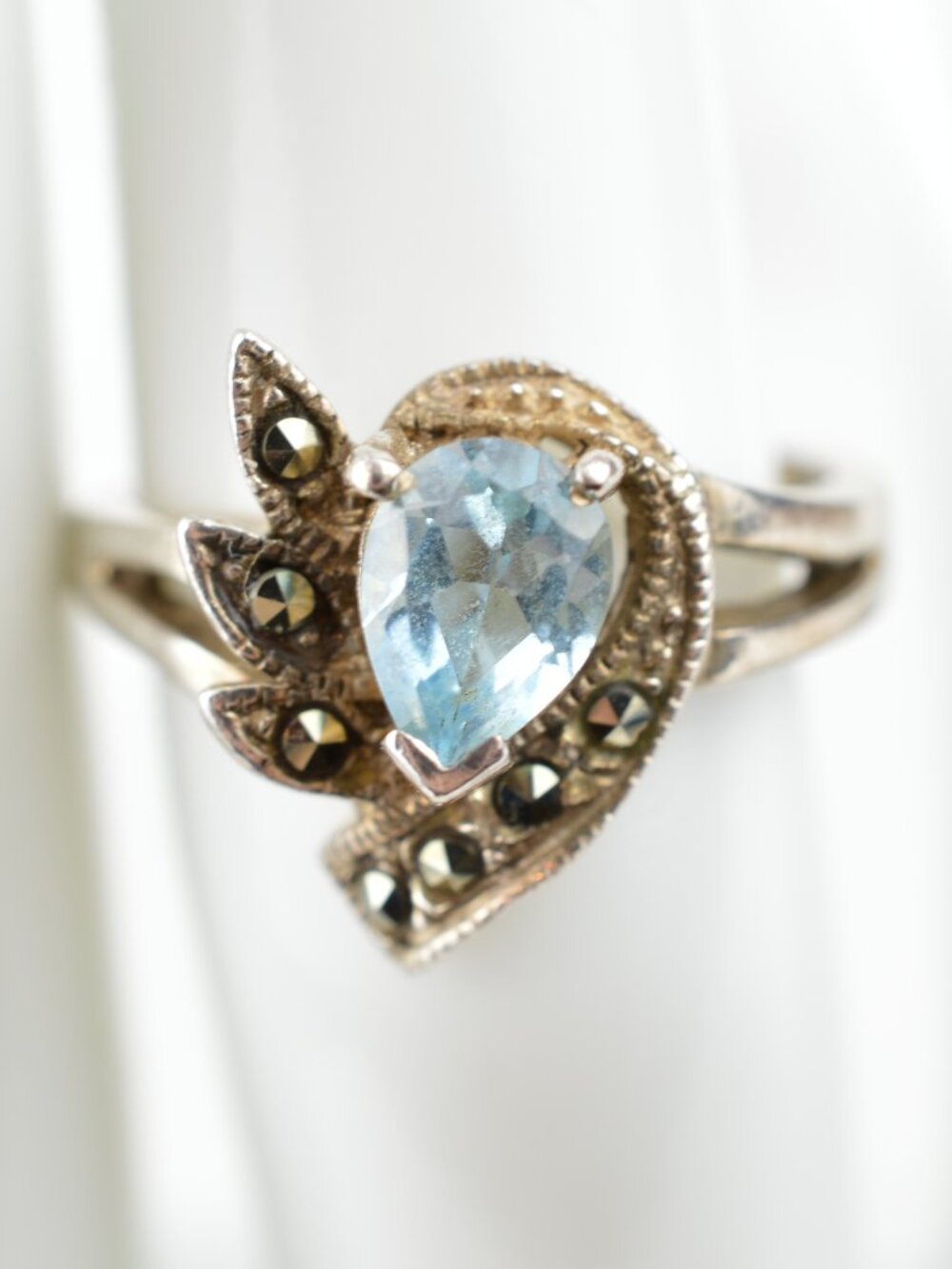 Vintage Sterling Silver Blue Topaz Marcasite Ring 925 Pear Cut Teardrop Sz 5.75